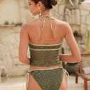 ZAFUL Women's Tankini Sets Halter String Tie Side Thong V Neck Bathing Suit Bowknot Lace Textured 2 Piece Swimsuit (Green, M)