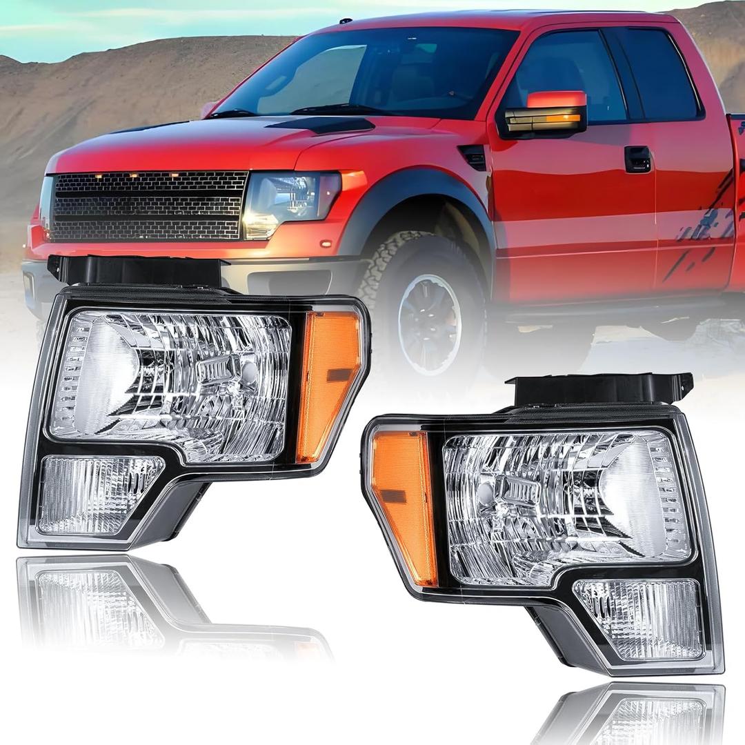 for Pickup 2009-2014 Ford F150 2009-2014 Headlights Assembly Compatible with F-150 2010 2011 2012 2013 Amber Reflector Chrome Housing