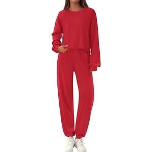 PRETTYGARDEN Women's Two Piece Lounge Sets 2025 Fall Airport Outfits Long Sleeve Pullover Tops Sweatpants Matching Clothing (Red,Small)
