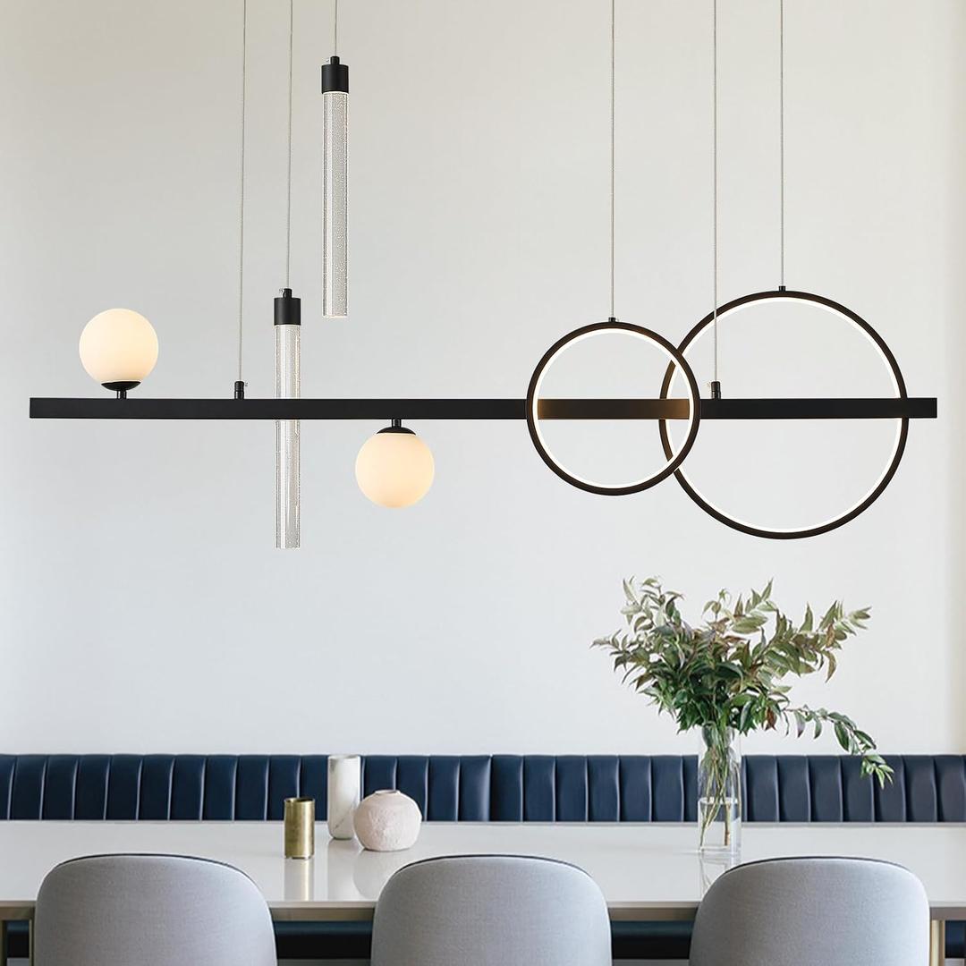 46" Modern LED Chandelier Black Linear LED Pendant Light Dimmable with Remote Control Kitchen Island Light for Dining Room Bar 3000K-6000K