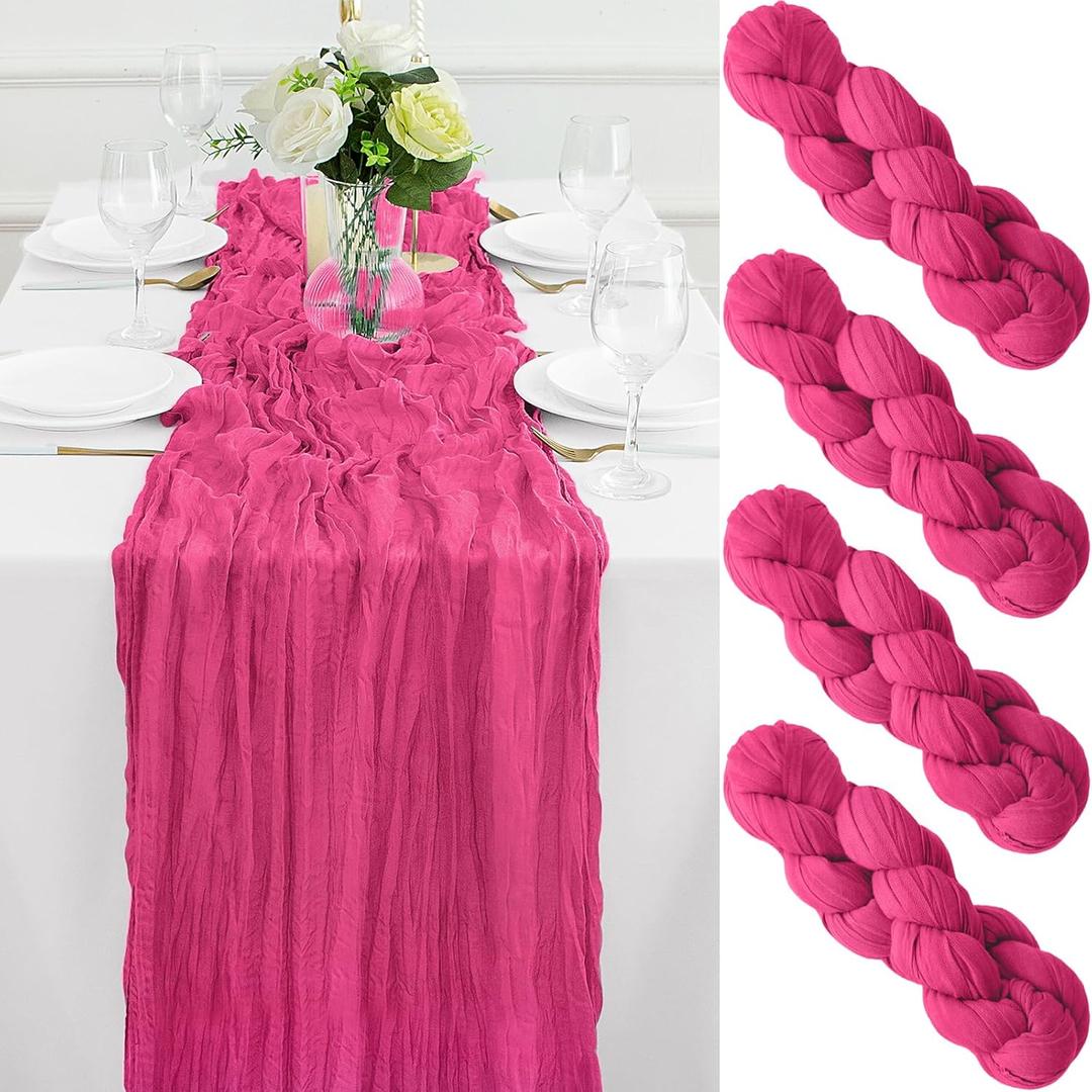 4Pack Hot Pink Cheesecloth Table Runner 10FT Gauze Hot Pink Cheese Cloth Table Runner 35x120Inch Long Boho Spring Easter Table Runners Rustic Sheer Table Runners for Wedding Baby Bridal Shower Decor, 4PCS-10FT