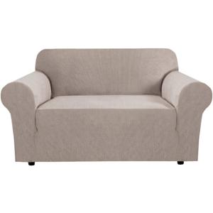 H.VERSAILTEX Stretch Couch Cover Loveseat Covers for 2 Cushion Couch Slipcover|Sofa Cover for Love seat 1 Piece with Elastic Bottom, Checked Jacquard Fabric(Loveseat 58'-70' Wide, Sand)