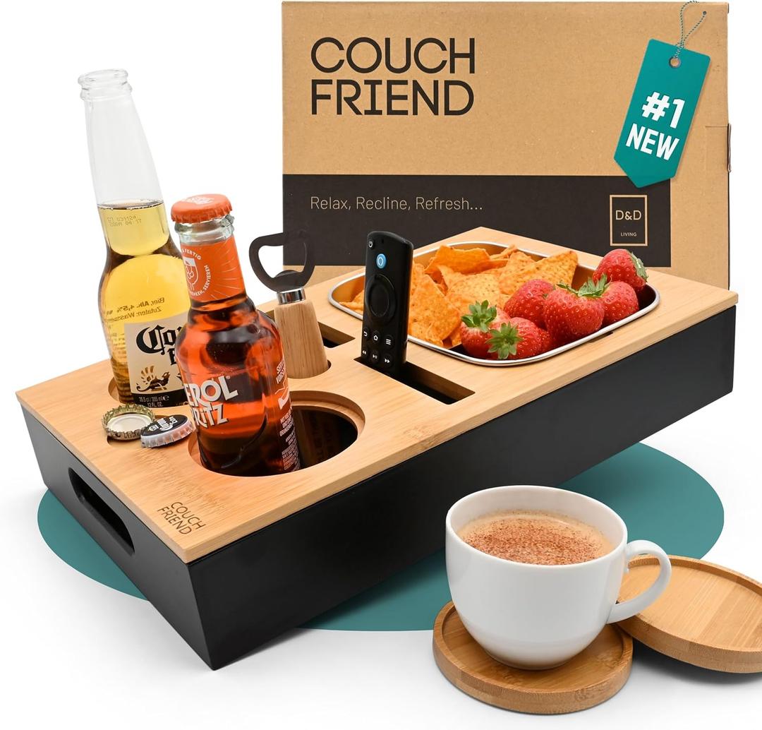 D&D Living Couch Caddy - Bamboo Couch Console | Anti-Spill Drink and Cup Holder | Snack Organizer Tray for Sofa with Bottle Opener
