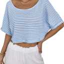 WDIRARA Women's Striped T Shirts Scoop Neck Half Sleeve Tee Loose Knit Crop Tops (S)
