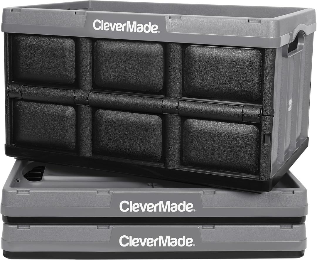 CleverMade Collapsible Storage Bins - Stone 3 Pack 46L - Stackable Containers Heavy Duty Capacity Folding Crates - Space-Saving for Home