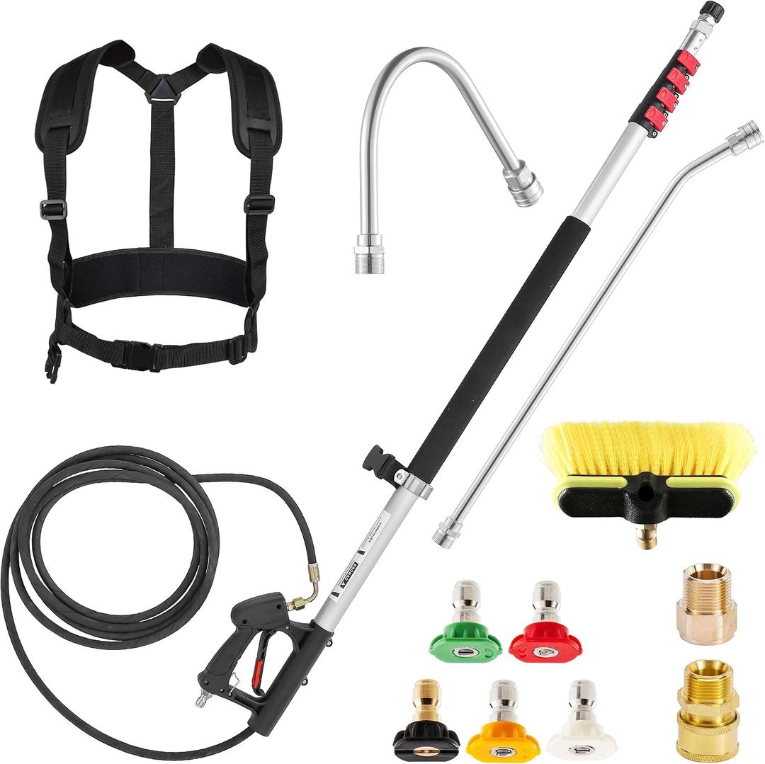 M MINGLE 20 FT Telescoping Pressure Washer Wand with Gutter Cleaner, Brush Head, 5 Nozzle Tips, and Hose Adapters for House Exterior, Window & Roof Cleaning