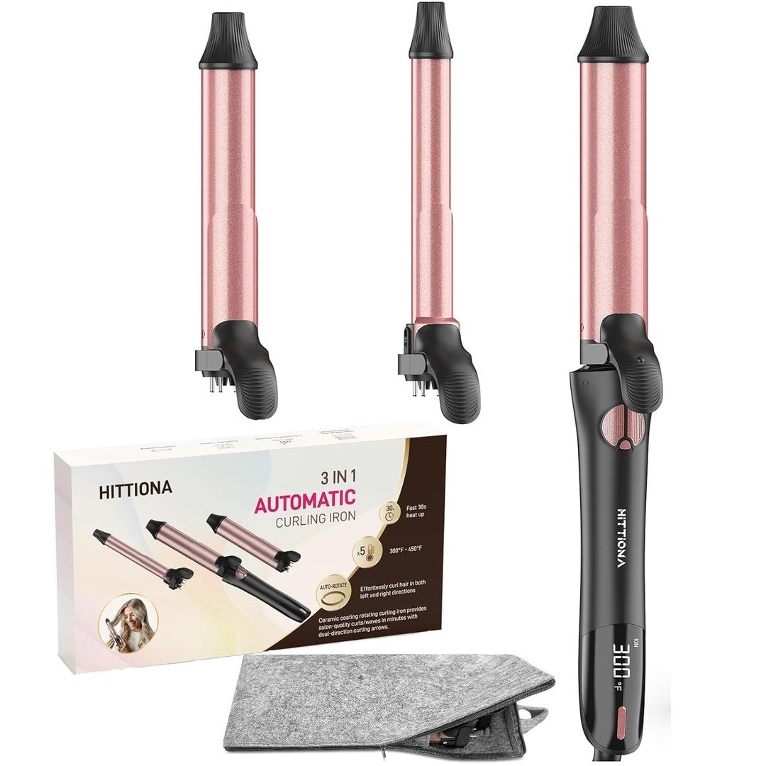 Rotating Curling Iron - 3 in1 Automatic Curling Iron with Interchangeable CurlingWand, 3/4, 1 1/4, 1 Inch CurlingIron for Lasting Beach Waves, Adjustable Temp, Instant Heat, Dual Voltage (Black)