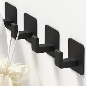 Square Self Adhesive Towel Hooks - 4 Pack Matte Black Metal Hooks, Right-Angle Design for Towels, Robes & Hats, Organize Bathroom, Kitchen, Entryway, Doors, Cabinets on Smooth Surfaces | Square, Right-Angle Design, for Towels, Robes & Hats, Organize Bathroom, Kitchen
