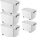 62QT*3/33QT*2 White Plastic Storage Bins with Lids, Stackable Containers with Wheels and Latches, 5 Pack (3L+2M)