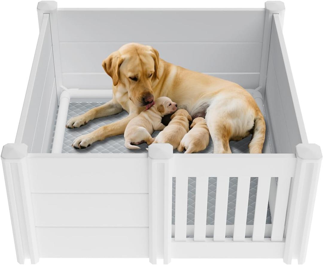 Whelping Box for Dogs, Puppies,48x48x18in,with Pig Rails Washable Pad,Suitable for Small Medium Large Breeds, White,Whelping Supplies