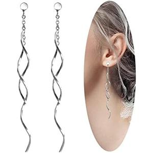 Sterling Silver Spiral Long Wire Earrings, Handmade Twisted Linear Hypoallergenic Dangle Drop Earrings, Gift for Women (Silver, straight long wire earing)