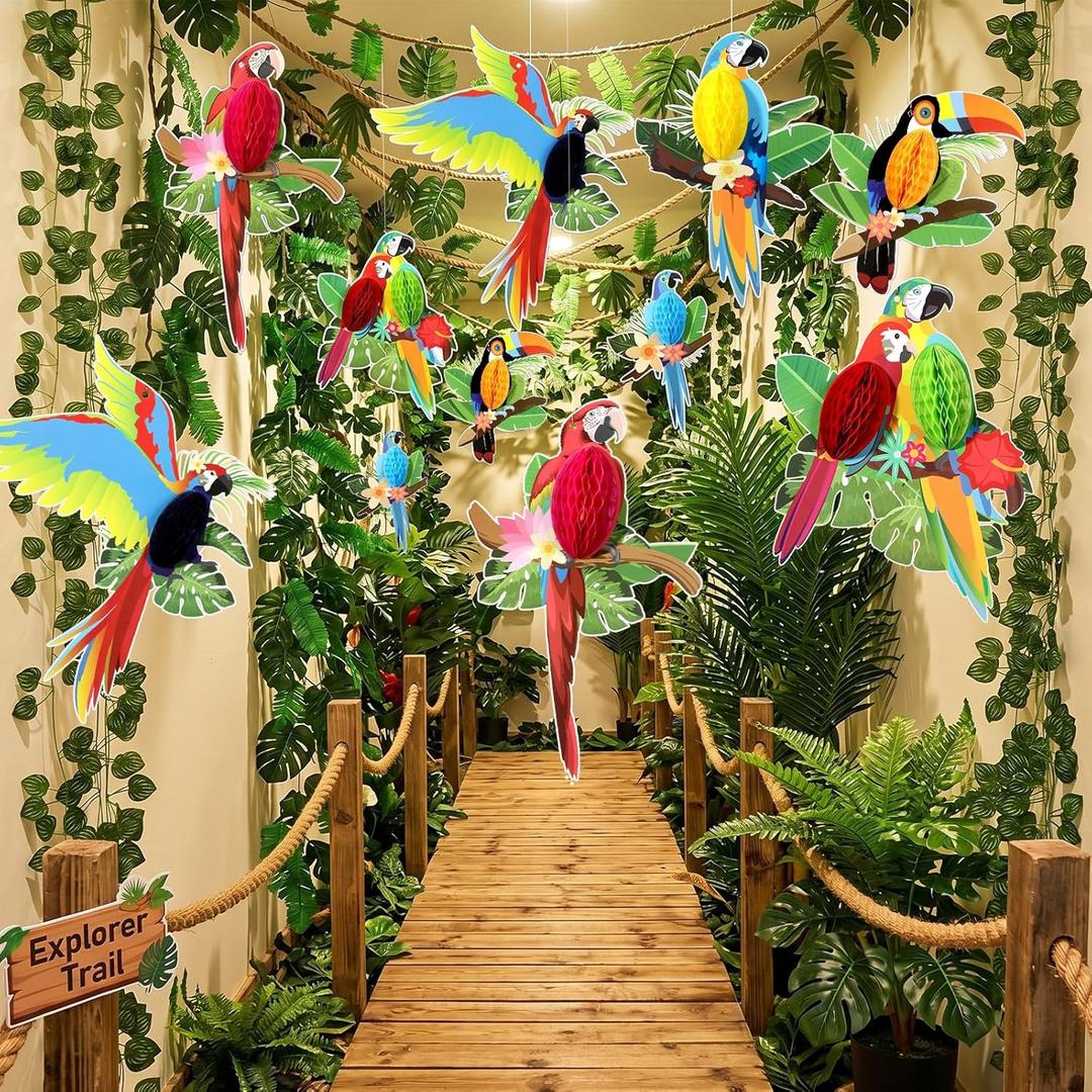 18 Pcs Rainforest Party Decorations Hanging Tropical Birds Parrot Honeycomb Paper Cutouts Jungle Artificial Ivy Fake Vines Palm Leaves Garland for Hawaiian Rio Luau Tropical VBS Jungle Party Decor