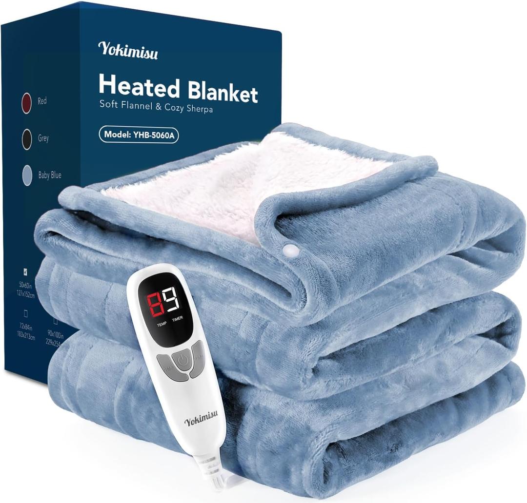 Heated Blanket Throw, 50x60 inches with 2 Wearable Buttons, Electric Blanket, 9 Heating Levels & 1-10H Auto Off & Fast Heating, for Office, Home, Sofa (Baby Blue)
