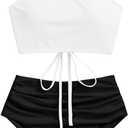 ZAFUL Women's High Waisted Bikini Set Crisscross Tankini Swimsuit Tummy Control Ruched Bathing Suit (S)
