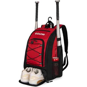 Goloni 40L Baseball Bag, Softball Bat Bag with Shoes Compartment,Fence Hook,Backpack for Baseball, T-Ball & Softball Equipment & Gear (Red)