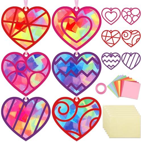 Qyeahkj 36 Set Valentine's Day Suncatchers Craft Kit DIY Heart Window Stained Glass Effect Paper Pink Love Window Tissue Paper Craft School Classroom Home Decor Valentines Art Supplies Kids Favor Gift