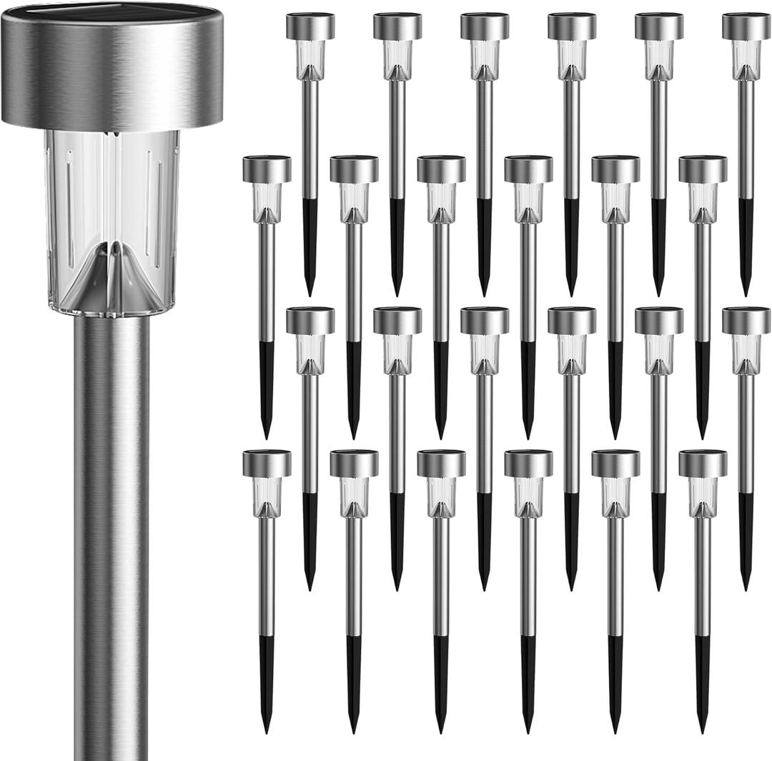 GIGALUMI 24 Pack Solar Path Lights Outdoor,Solar Lights Outdoor Waterproof,Stainless Steel LED Landscape Lighting,Solar Garden Lights for Driveway,Pathway,Patio,Yard (Cold White)