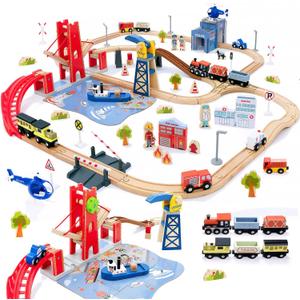 Giant bean 117 Pcs Busy Port City Wooden Train Set for Kids- Expandable & Changeable Wooden Train Track Set Toy, for Boys & Girls Ages 3-14
