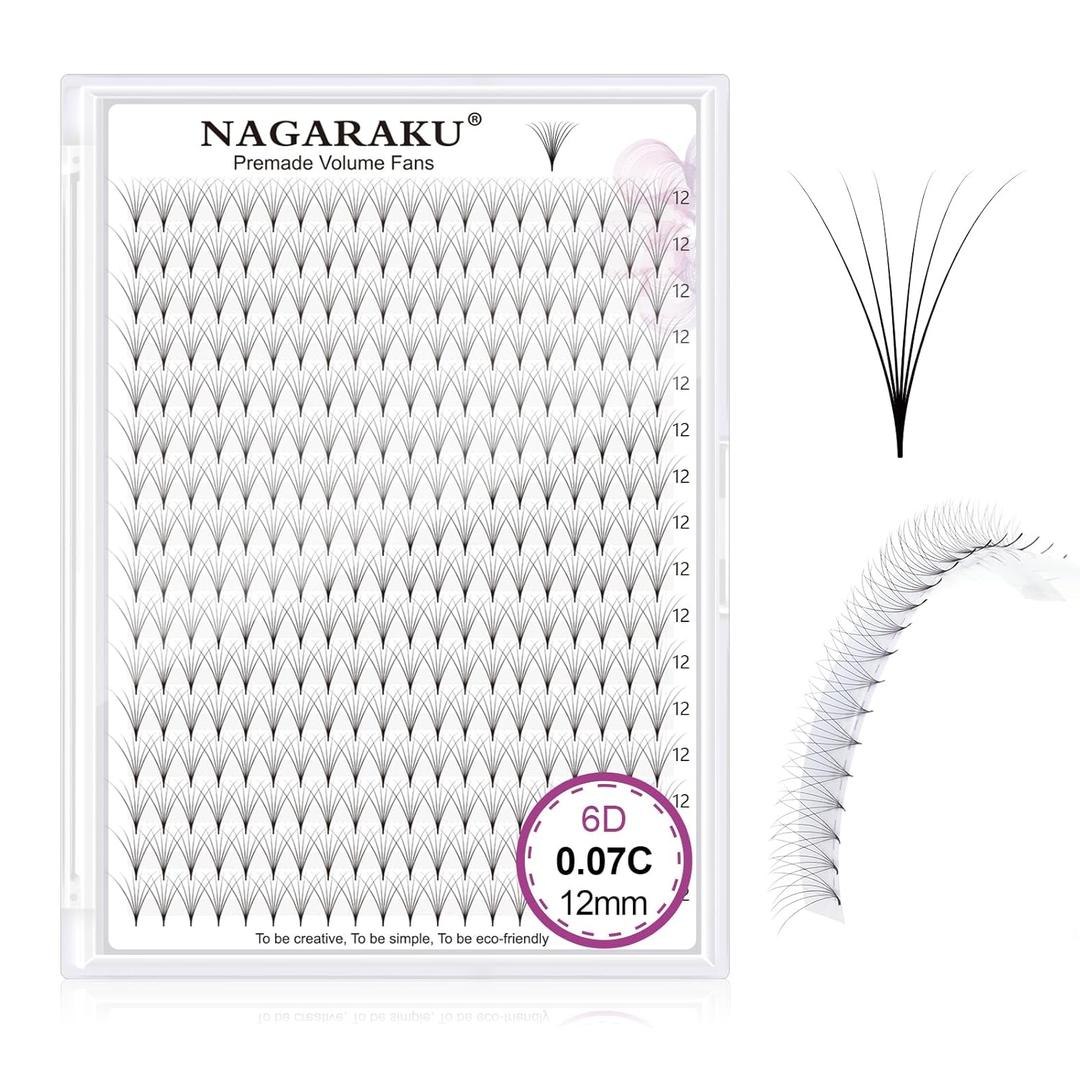NAGARAKU Premade Fans Eyelash Extensions 320 Fans 6D Volume 0.07mm C curl 12mm Sharp Narrow Stem Clusters Thin Pointy Base Russian Pre Fanned Fluffy Matte Black