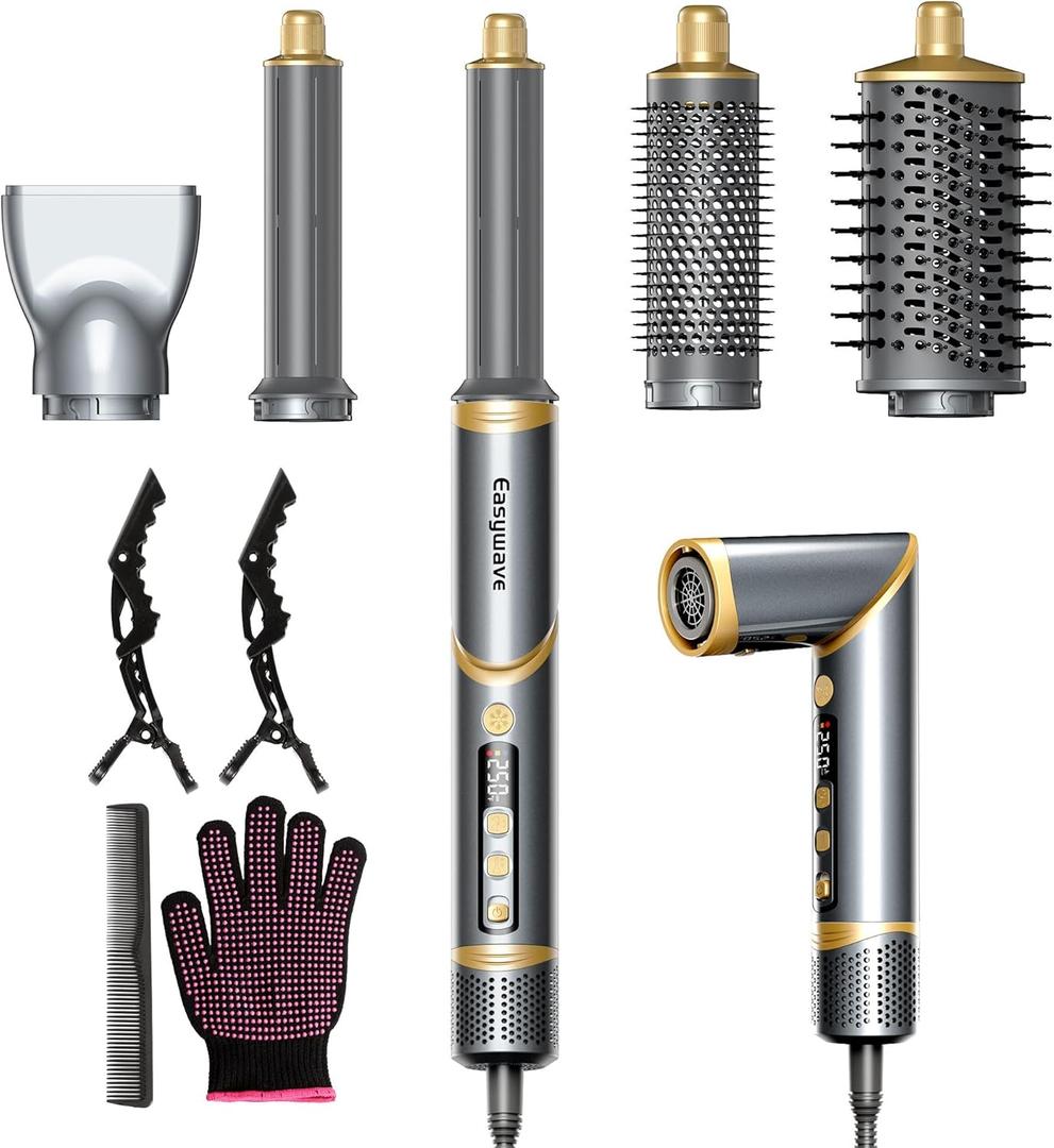 Easywave Air Wrap Hair Styler: Flexible 5 in 1 Styling & Drying System, Professional Hot Air Brush Set for Fast Drying, Curling, Volumizing, Smoothing & Styling, Oval Brush, Concentrator (Gray)