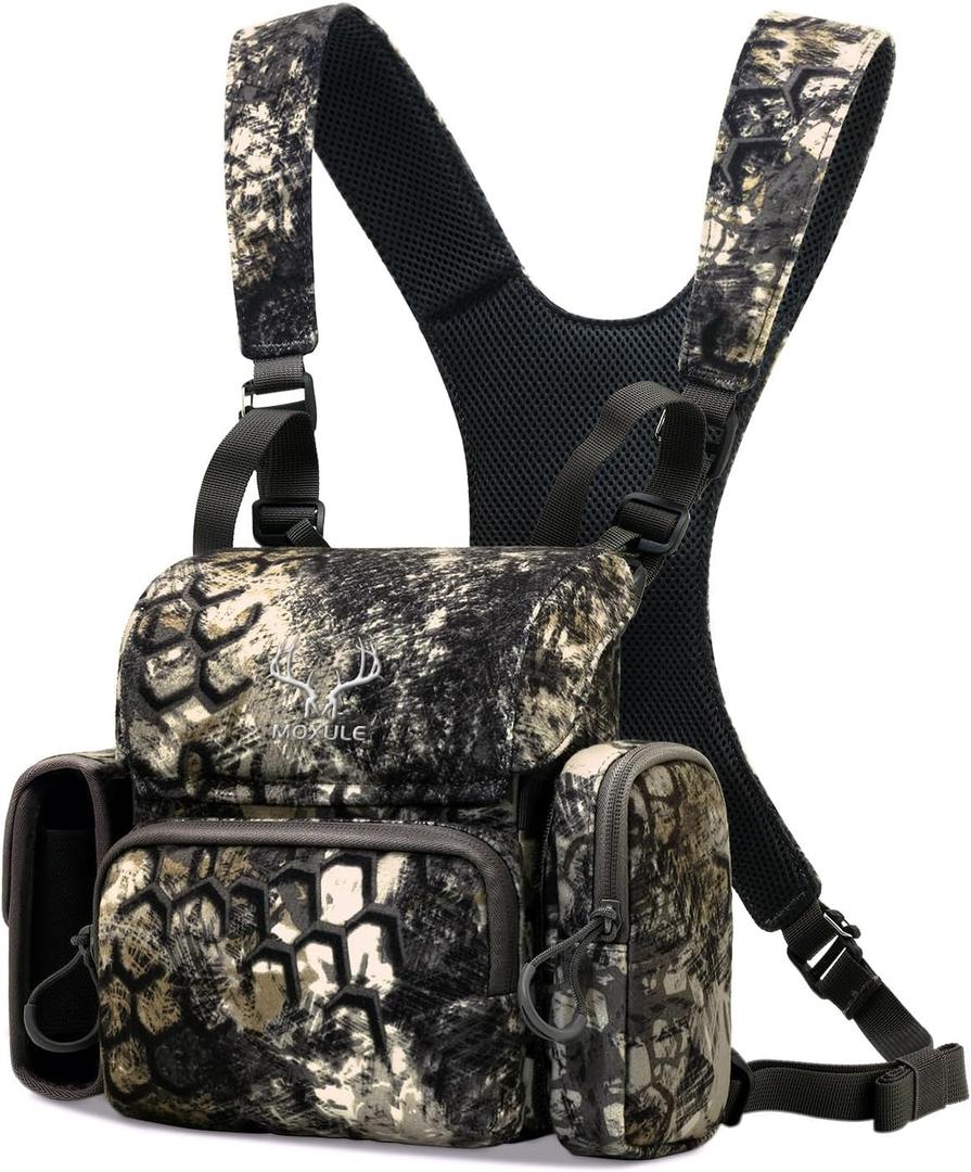 Binocular Harness Chest Pack: Waterproof Bino Case with Rangefinder Pocket for Birdwatching and Hiking (Large, Camo)