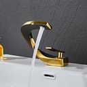 WOWOW Waterfall Bathroom Faucet 3 Holes 8Inch Widespread Bathroom Sink Faucet, Two Handles Lavatory Vanity Sink Faucets with Pop-up Drain & Supply Hoses, Modern Faucet Mixer Taps Black and Gold