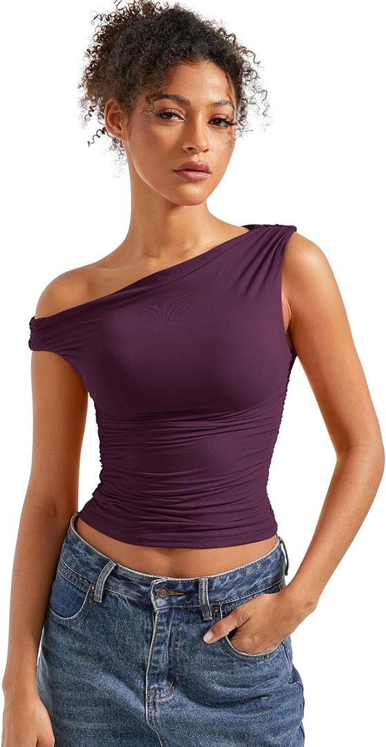 SUUKSESS Women Off Shoulder Tops Sleeveless Shirts Y2K Going Out Crop Tank Top (Large, Violet)