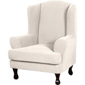 H.VERSAILTEX 2 Piece Stretch Jacquard Wingback Chair Covers Slipcovers Wing Chair Covers (Base Cover Plus Seat Cushion Cover) Furniture Covers for Wingback Chairs, Form Fitted Thick Soft, Ivory