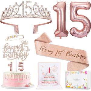 15th Birthday Decorations for Girls, 15th Birthday Sash and Crown, Pop Up Card, Cake Topper, Number Candles and Balloons, 15 Year Old Gifts for Girls