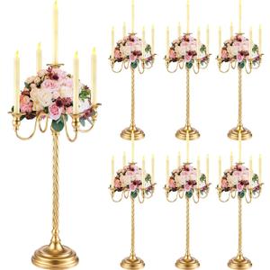 Tanlade 6 Pack Wedding Gold Candelabra Table Centerpieces 28 inch Tall Candelabra Metal Candle Holder 5 Arm Taper Candlestick Flower Floor Candle Stand for Anniversaries Easter Birthday Holiday Party