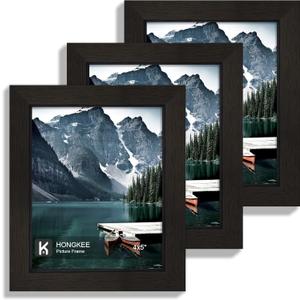 Hongkee 4x5 Picture Frame - Made of Real Glass and Black Wooden Frame, 4 by 5 small Photo for Wall or Tabletop Display, 3 Pack