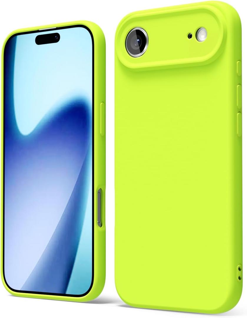 oakxco for iPhone 17 Air Phone Case Liquid Silicone, Cute Thin Slim Grip Soft Rubber Gel for Women Men, Smooth Matte TPU Plain Solid Bright Color Girly Simple Case with Camera Cover, Neon Green Lime