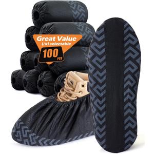 X-Large 100 Pcs Shoe Covers Disposable Non-Slip,Shoe Covers for Indoors Reusable,Slip-resistant, Durable, Breathable, Non-Woven Booties for Shoes Covers,Stretchable Fits Up To13 US Men,Black, 100 Pack