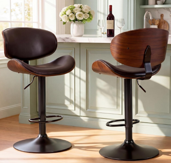 DUMOS Swivel Bar Stools Set of 2, Adjustable Counter Height Bentwood BarStools, PU Leather Upholstery Bar Chair with Ergonomic Back and Footrest, Counter Stools for Bar, Home Kitchen Island, Brown