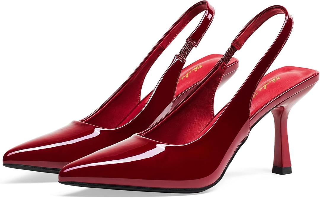 Elisabet Tang 3.14 in Trendy Slingback Stiletto Pumps for Women - Sexy Slip on Pointed Closed Toe mid High Heels Daily Party Office (8, Wine Red Patent)