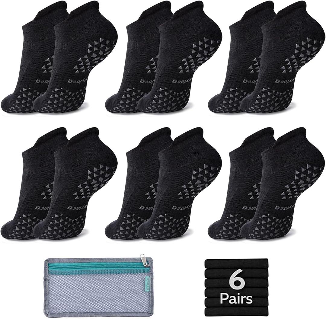 Hylaea Unisex Non Slip Socks with Grip for Yoga, Hospital, Pilates, Barre | Ankle, Cushioned (6 Pairs Black)