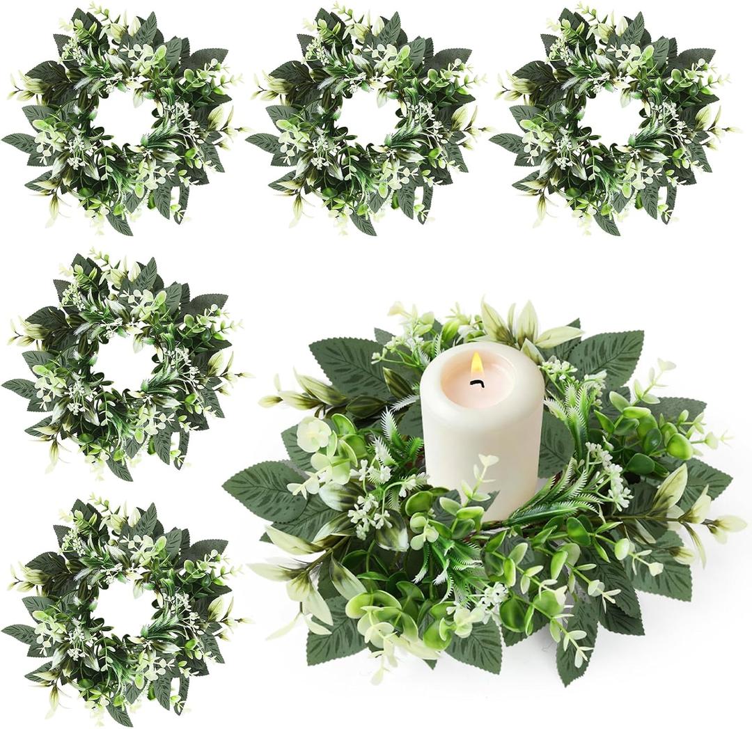 6 Pcs Eucalyptus Candle Ring 4 Inch Center Mini Kitchen Cabinet Wreaths Artificial Small Green Leaves Wreaths Garland Pillar Holder for Home Door Window Farmhouse Wedding Party Table Centerpiece Decor