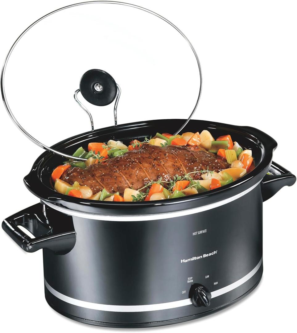 Hamilton Beach Slow Cooker with 3 Cooking Settings, Dishwasher-Safe Stoneware Crock & Glass, 8-Quart Built-In Lid Rest, Black