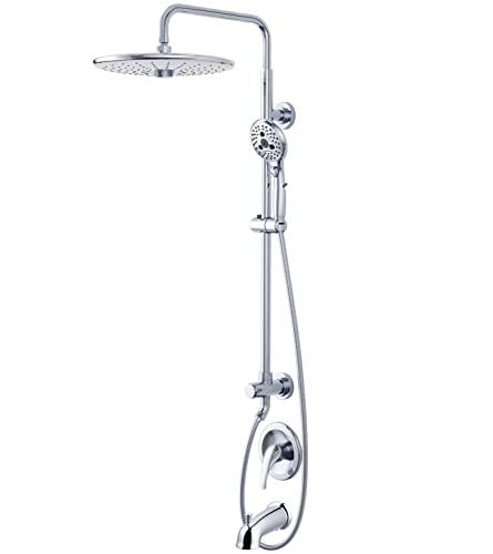 SR SUN RISE 10 Inch Shower System with Tub Spout 3 Function Rain Shower Head and Hand Shower, Shower Tub Faucets Sets Complete Slide Bar Shower Fixtures Valve Include, Polished Chrome