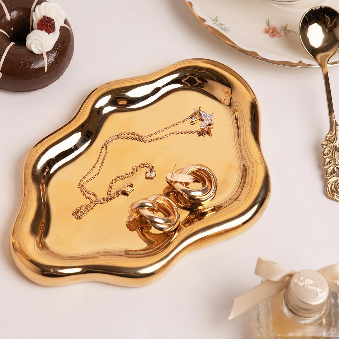 Lynagert Cloud Trinket Dish, Chubby Jewelry Tray, Ceramic Jewelry Ring Trinket Dish for Rings Earrings Necklace Organizer, Mother's Day Thanksgiving Christmas Birthday Bridesmaid Gifts (Golden)