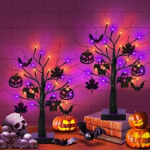 [Timer] 2 Pack 24 Inch Black Halloween Tree with Ornaments, USB/Battery Operated Halloween Orange Purple Lights Lighted Tree Table Decorations, Scary Halloween's Decorations Indoor Home Party Decor