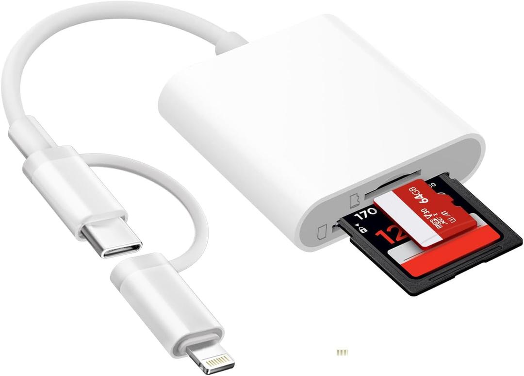 SD Card Reader for iPhone iPad Mac, USB C & Lightning Dual Connector Digital Camera Adapter to iPhone, SD Card Adapter Memory Card Reader for SD/TF/Sim Card, Plug & Play, Camera Accessories (2 Slot)