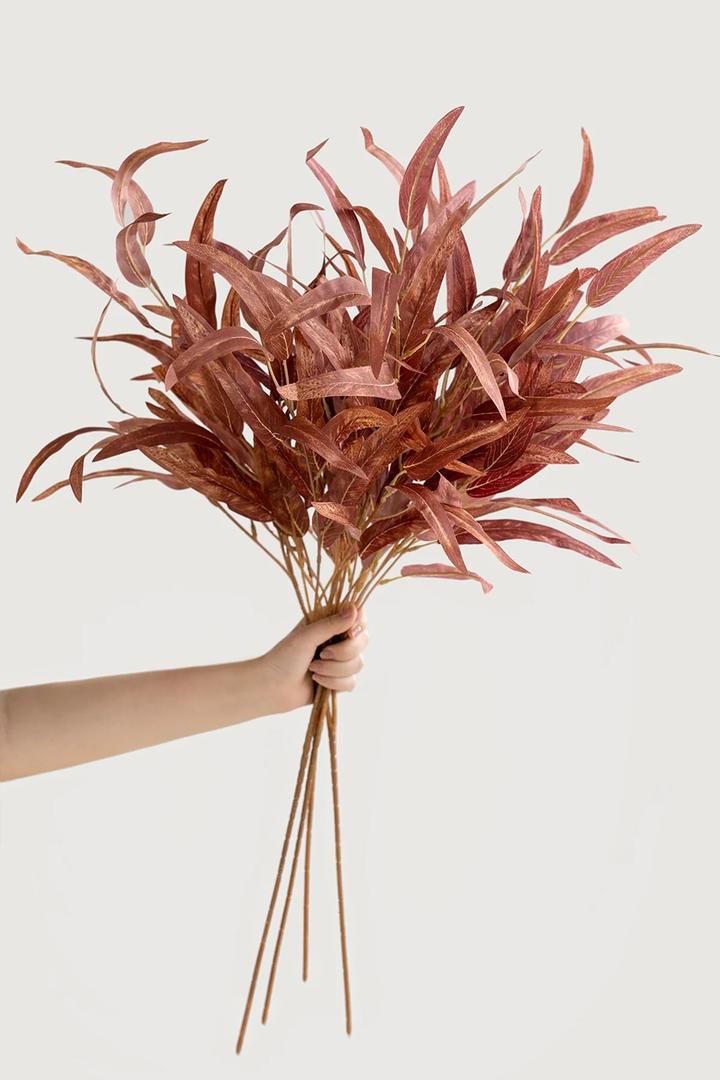 Ling's moment Artificial Plants Salix Leaves Branches,4Pcs 17.5" Tall Red Fake Willow Greenery Filler Decor w/Stems, Lifelike Texture Plant Decor for Wedding Bouquets/Table Centerpieces, Room/Office