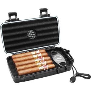 Flauno Travel Cigar Humidor Case - Portable Cigar Box with Humidifier Disc & Cigar Cutter | Waterproof | Crushproof | Airtight | Durable (Holds up to 5 Cigars)