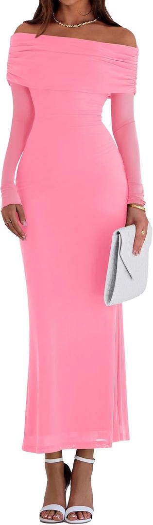 PRETTYGARDEN Fall Dresses for Women 2025 Elegant Off The Shoulder Long Sleeve Formal Wedding Guest Bodycon Maxi Dress(Pink,Medium) 