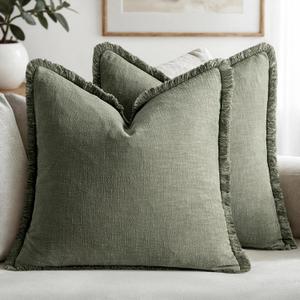 MIULEE Linen Decorative Euro Throw Pillow Covers Light Olive Green 28x28 | Set of 2, Cottagecore Decor, Boho Farmhouse Neutral Pillow Covers, Rustic Fringe Couch Cushions for Sofa Bed Living Room