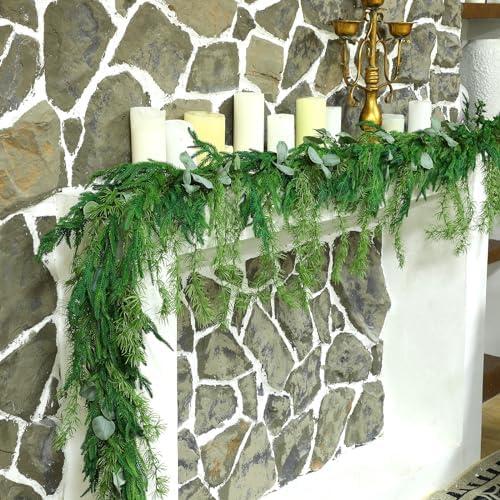 Cindeer Christmas Norfolk Pine Garland Realistic Artificial Faux Greenery Cedar Garland for Mantle Holiday Indoor Outdoor Fireplace Winter Decorations(1 Pcs,9 Feet)