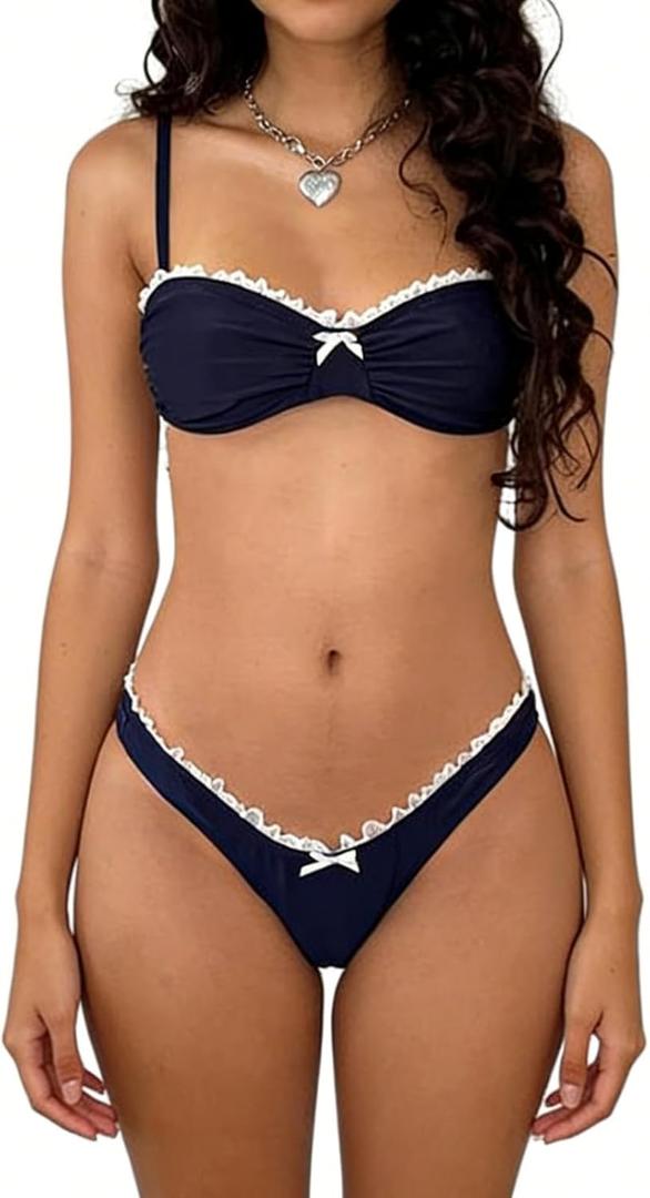 Alyweatry Women Y2k Bikinis Sets Coquette Aesthetic Bows Halter Tie Up Bikini Top High Cut Elastic Waist Bikini Bottom (Medium, Lace Trim Navy Blue)