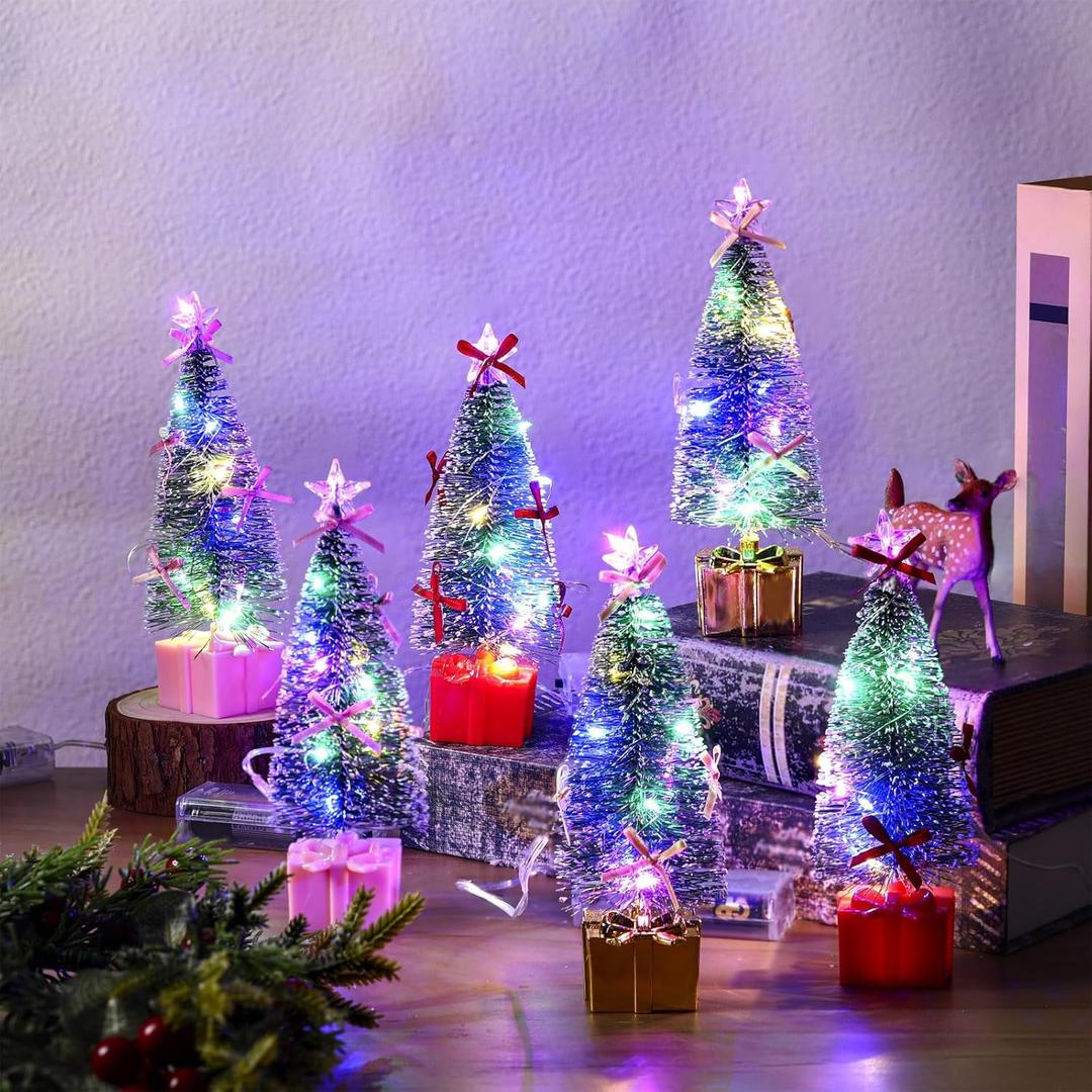 Soulchen 12 Pcs Mini Christmas Tree with Lights Tabletop Centerpieces Christmas Snowflake Tree with Star and Bow for Decorations Holiday Party Ornament Indoor Xmas Holiday Party