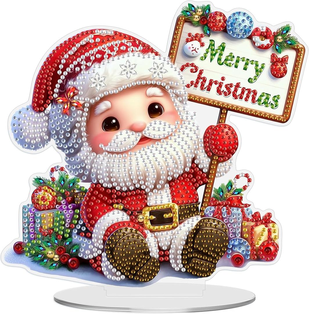 MEIYUDA Christmas Santa Claus Diamond Art Tabletop Kits, Marry Christmas Diamond Art Painting Desktop Kits for Adult, DIY Special Shaped Crystal Desk Placement Ornament for Home Office Decor
